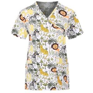 Jungle Themed Scrub Top V-Neck Size Large